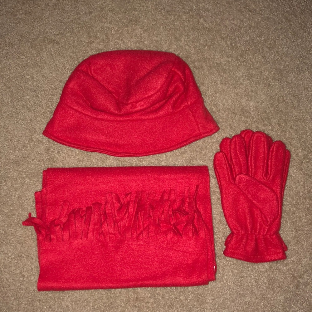 Matching Hat, Scarf, and Gloves Set in Red Fleece